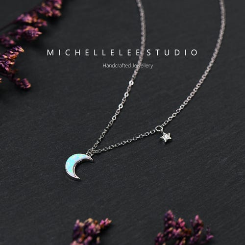 White Opal Moon and Star Pendant Necklace in Sterling Silver, Tiny