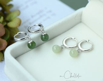 Natural Green Jade Huggie Hoop Earrings, Sterling Siler Jade Ball Earrings, Dangling Ball Earrings