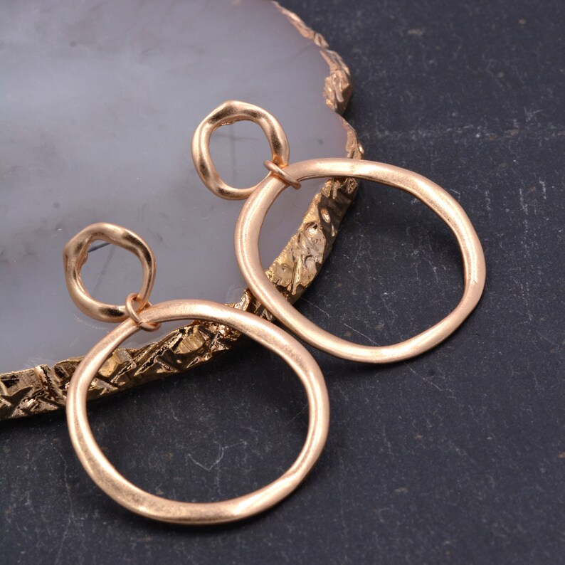 Matte Gold Circle Duo Drop Stud Earrings Dangle Earrings Irregular Shaped Statement Earrings