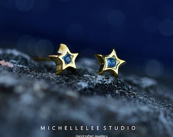 Super Tiny Star Stud Earrings in Sterling Silver, Sapphire Blue Crystal Star Earrings Lobe, Helix