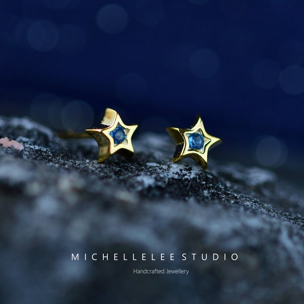 Super Tiny Star Stud Earrings in Sterling Silver, Sapphire Blue Crystal Star Earrings Lobe, Helix