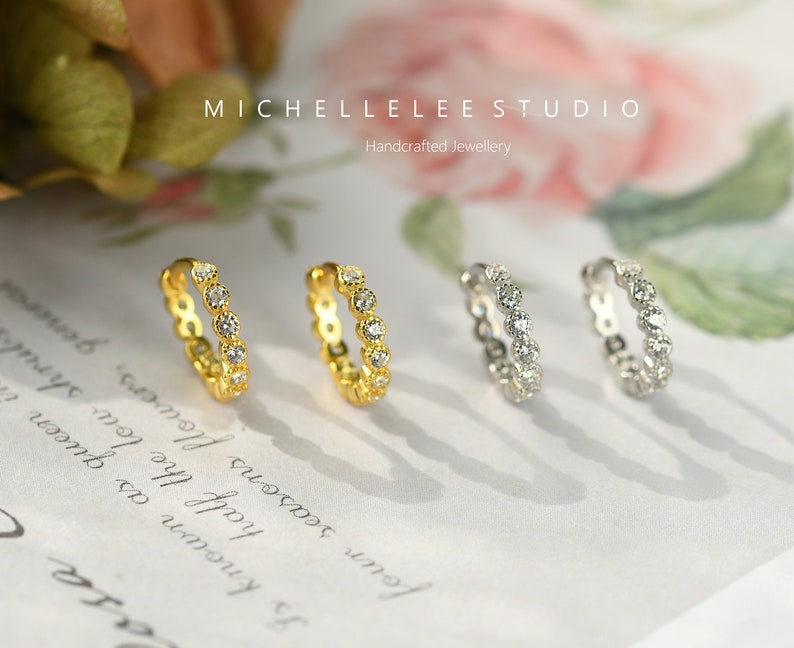 Minimalist Dotted Crystal Huggie Hoop Earrings in Sterling Silver, Multi Color Crystal Hoops, Simple Geometric Jewellery,Two Sizes image 6