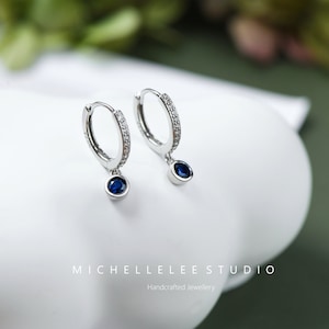 Sterling Silver Huggie Hoops with Crystal Charm, CZ Crystal Hoops Earrings, Tiny Circle Charm Earrings image 6