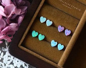 Heart Opal Stud Earrings, Sterling Silver, Fire Opal, 6mm