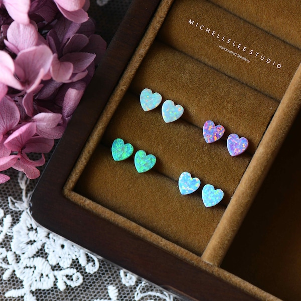 Simple Geometric Opal Stud Earrings, 5mm Multi Color Fire Opal Earrings, Sterling Silver Heart Stud Earrings,