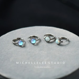 Simulated Moonstone Huggie Hoop Earrings in Sterling Silver, Fire Opal Hoop Earrings, Simple
