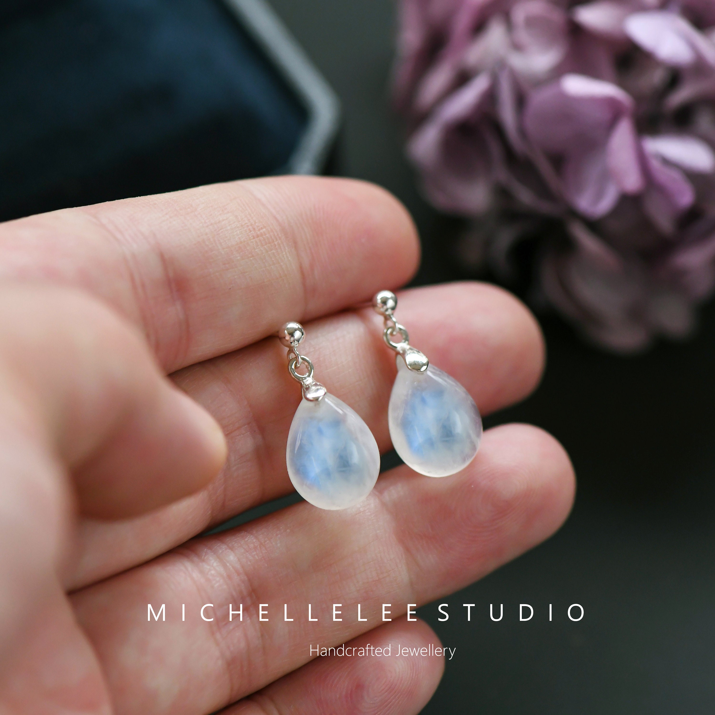 Orecchini Pendenti Fatti A Mano Con Pietra Di Luna Blu Naturale, Cabochon, Lunghi 6 Cm, Regalo Portafortuna - 3