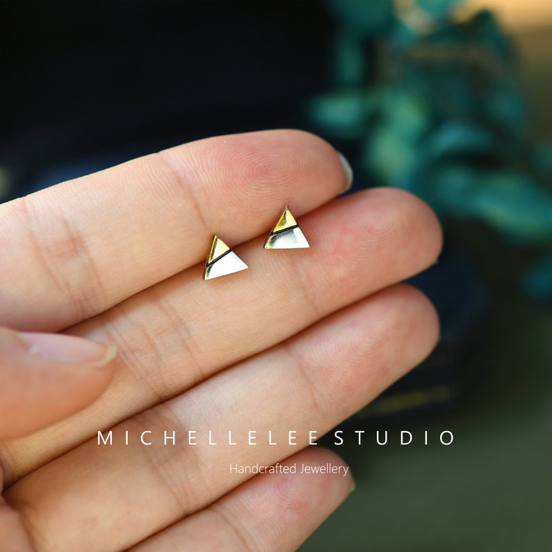 Gold and Silver Mismatched Color Triangle Stud Earrings, Minimalist Geometry Earrings image 4