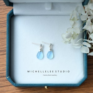 Tiny Natural Aquamarine Teardrop Stud Earrings in Sterling Silver, Dangling Droplet Gemstone Earrings, March Birthstone