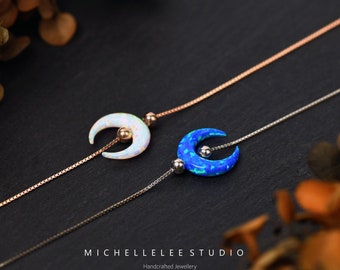 Crescent Moon Opal Sterling Silver Bracelet, 3D Moon Bracelet, Fire Opal Bracelet, Ox Horn Bracelet, Gift for Her, Birthstone