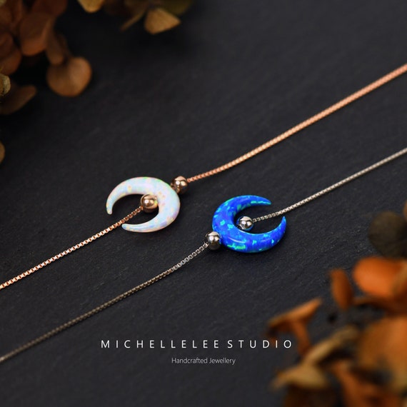 Crescent Moon Opal Sterling Silver Bracelet, 3D Moon Bracelet, Fire Opal Bracelet, Ox Horn Bracelet, Gift for Her, Birthstone