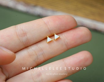 Minimalist Opal Triangle Stud Earrings, White Fire Opal Triangle Earring Studs, Sterling Silver Earrings