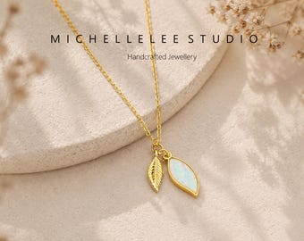 Opal Blatt Halskette, Botanische Blatt Anhänger Halskette, Zierliches Natur Schmuck Geschenk für Sie