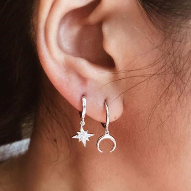 Sterling Silver Moon Huggie Hoop Earrings,Horn Dangle Drop Earrings,Tiny Hoops in Gold and Silver Minimalist Earrings