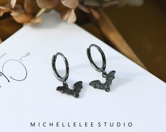 Bat Huggie Hoop Earrings, Gold Over Sterling Silver, Bat charm,Animal Earrings, Minimalist Earrings