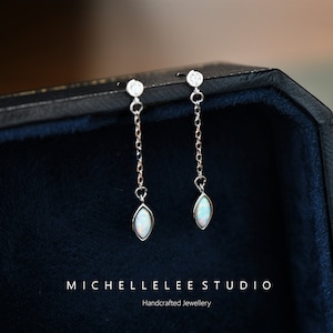 Dangling Marquise Cut Opal Stud Earrings, White Fire Opal Drop Earrings, Fire Opal Sterling Silver Earrings