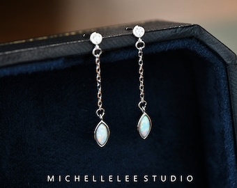 Dangling Marquise Cut Opal Stud Earrings, White Fire Opal Drop Earrings, Fire Opal Sterling Silver Earrings