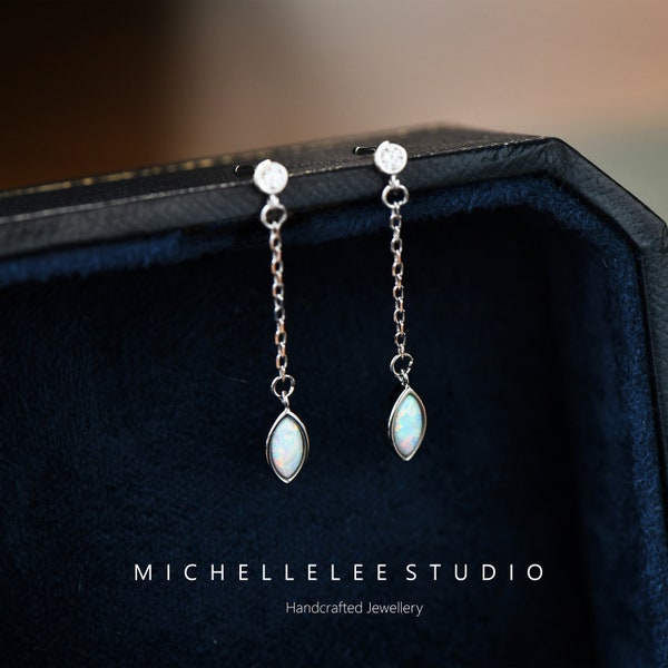 Dangling Marquise Cut Opal Stud Earrings, White Fire Opal Drop Earrings, Fire Opal Sterling Silver Earrings