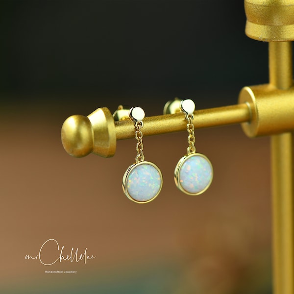 Boucles d'oreilles en argent sterling Large White Opal Stone Stud, Boucles d'oreilles en opale de feu blanc plaqué or et argent, Boucles d'oreilles en opale de coupe ronde