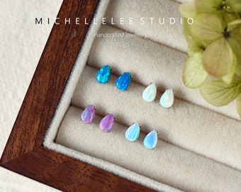 Fire Opal Droplet Stud Earrings,  Vertical Pattern Opal Earrings, Pear Cut Opal Earrings, Sterling Silver Earrings, Birthstone