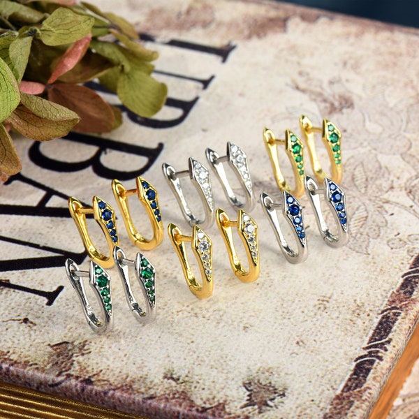 Minimalist Simple Crystal Huggie Hoop Earrings in Sterling Silver, Multi Color U Shaped Crystal Hoops, Simple Geometric Jewellery