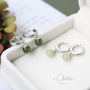 Natural Green Jade Huggie Hoop Earrings, Sterling Siler Jade Ball Earrings, Dangling Ball Earrings