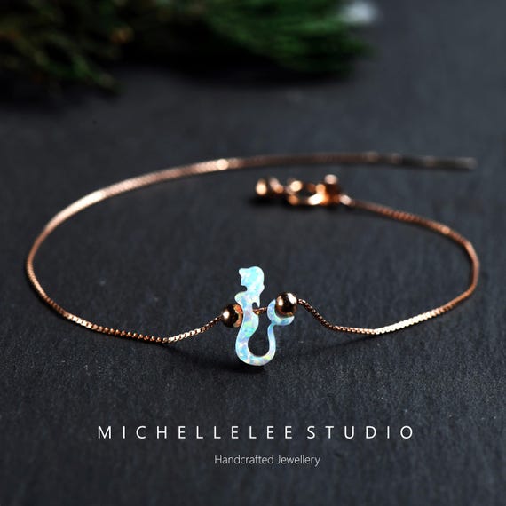 Opal Mermaid Bracelet, Sterling Silver Chain, Adjustable