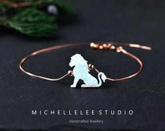 White Opal Lion Bracelet, 925 Sterling Silver Animal Bracelet, Dainty Lion Jewellery, Gift for Her