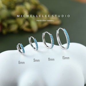 Tiny Sterling Silver Turquoise Stones Huggie Hoop Earrings, CZ Pave Turquoise Blue Hoops Earrings,Minimalist Geometric Hoop Earrings