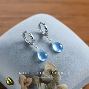 Tiny Natural Aquamarine Teardrop Huugie Hoop Earrings, Dangling Sterling Silver Droplet Gemstone Earrings, March Birthstone