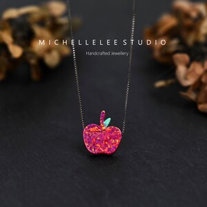 Dainty Opal Apple Pendant Necklace, Red Opal Apple and Leaf Necklace with Sterling Silver Chain,  Opal Jewellery