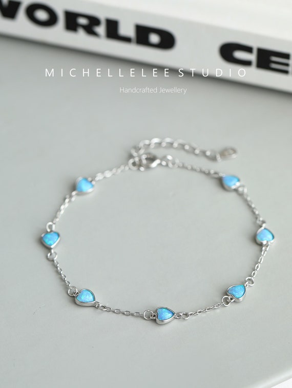 White Heart Opal Bracelet, Sterling Silver Heart Bracelet, Bridal Bracelet,  Baguette Opal Trio