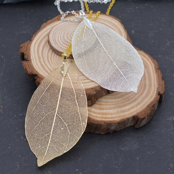 Leaf Skeleton Pendant Necklace, 18ct Gold Plated or Silver Plated, Nature Inspired Jewellery