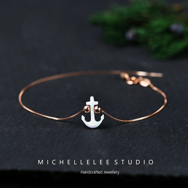 Opal Anchor Bracelet: Sterling Silver Chain, Synthetic Fire Opal