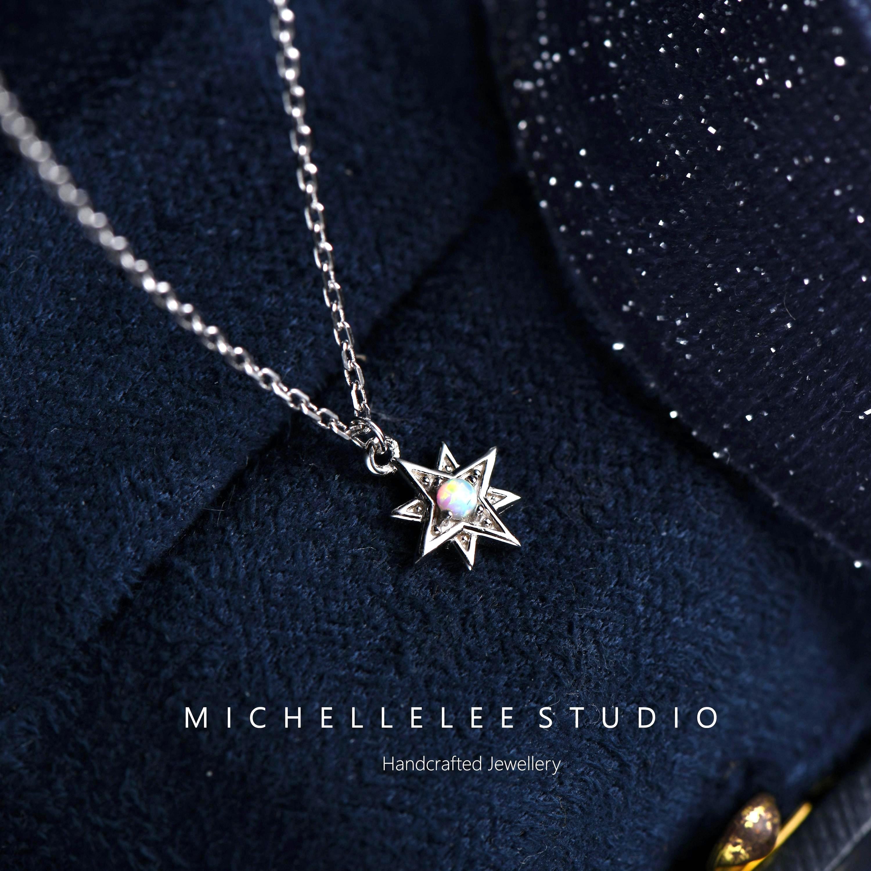 Small Star Pendant Necklace, White Opal Star Necklace, Fire Opal