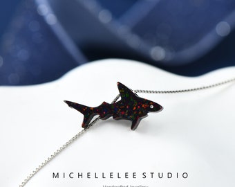 Black Shark Opal Necklace, Fire Opal Great White Shark Necklace, Opal Megalodon Necklace with Sterling Silver Chain