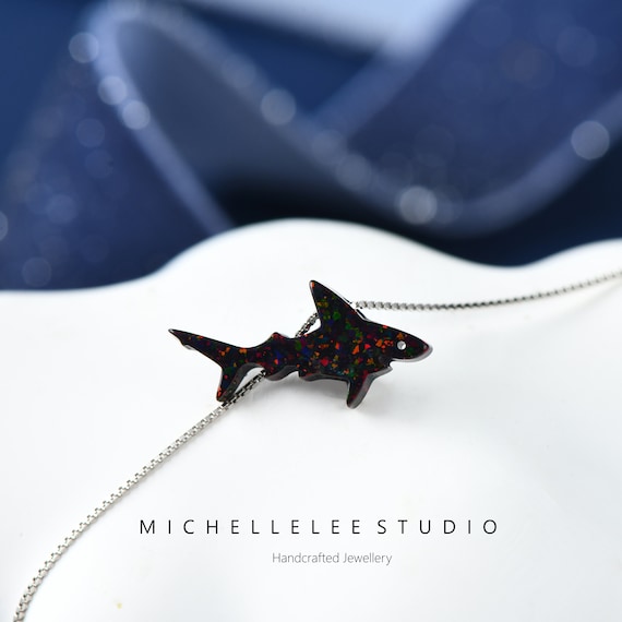 Black Opal Shark Necklace, Sterling Silver Chain