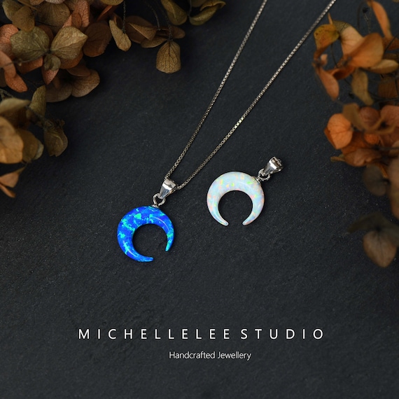 Moon Opal Sterling Silver Necklace, 3D Crescent Moon Pendant Necklace, Fire Opal Necklace