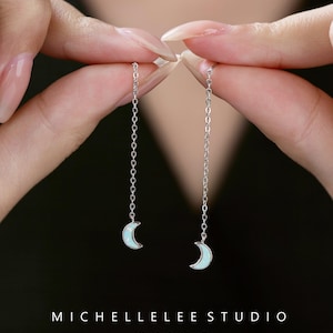 White Opal Moon Earring  Threaders, Fire Opal Moon Chain Earrings, Sterling Silver Earrings