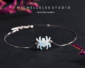 Halloween spindelopalarmband, eldopal tarantelarmband, vitt och svart opalarmband med kedja i sterlingsilver, opalsmycken