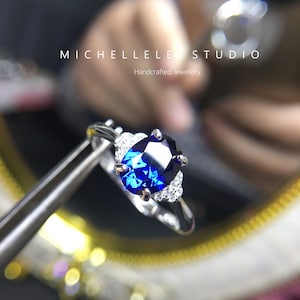 Simple Oval Simulated Sapphire Adjustable Ring with CZ Crystals, Gemstone Ring, Inspired Sapphire Sterling Silver Ring, September Birthstone