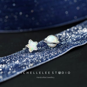 White Opal Planet and Star Stud Earrings in Sterling Silver, Mismatched Saturn Earrings and Star, Birthstone