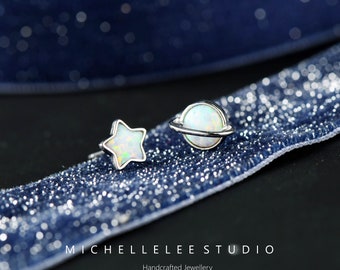 White Opal Planet and Star Stud Earrings in Sterling Silver, Mismatched Saturn Earrings and Star, Birthstone