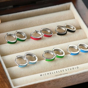 Multi Colour Enameled Huggie Hoop Earrings, Sterling Silver Hoop Earrings, Simple Geometric Jewellery