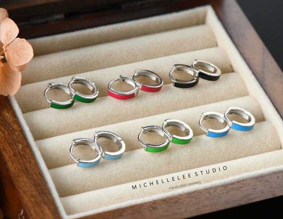 Orecchini A Cerchio In Argento Sterling Placcato Oro: Huggies In Smalto Rosso - Italia - Foto 8