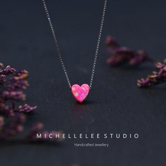 Dainty Pink Heart Opal Necklace, Fire Opal Necklace, Love Heart Necklace with Sterling Silver Chain, Gift for Her