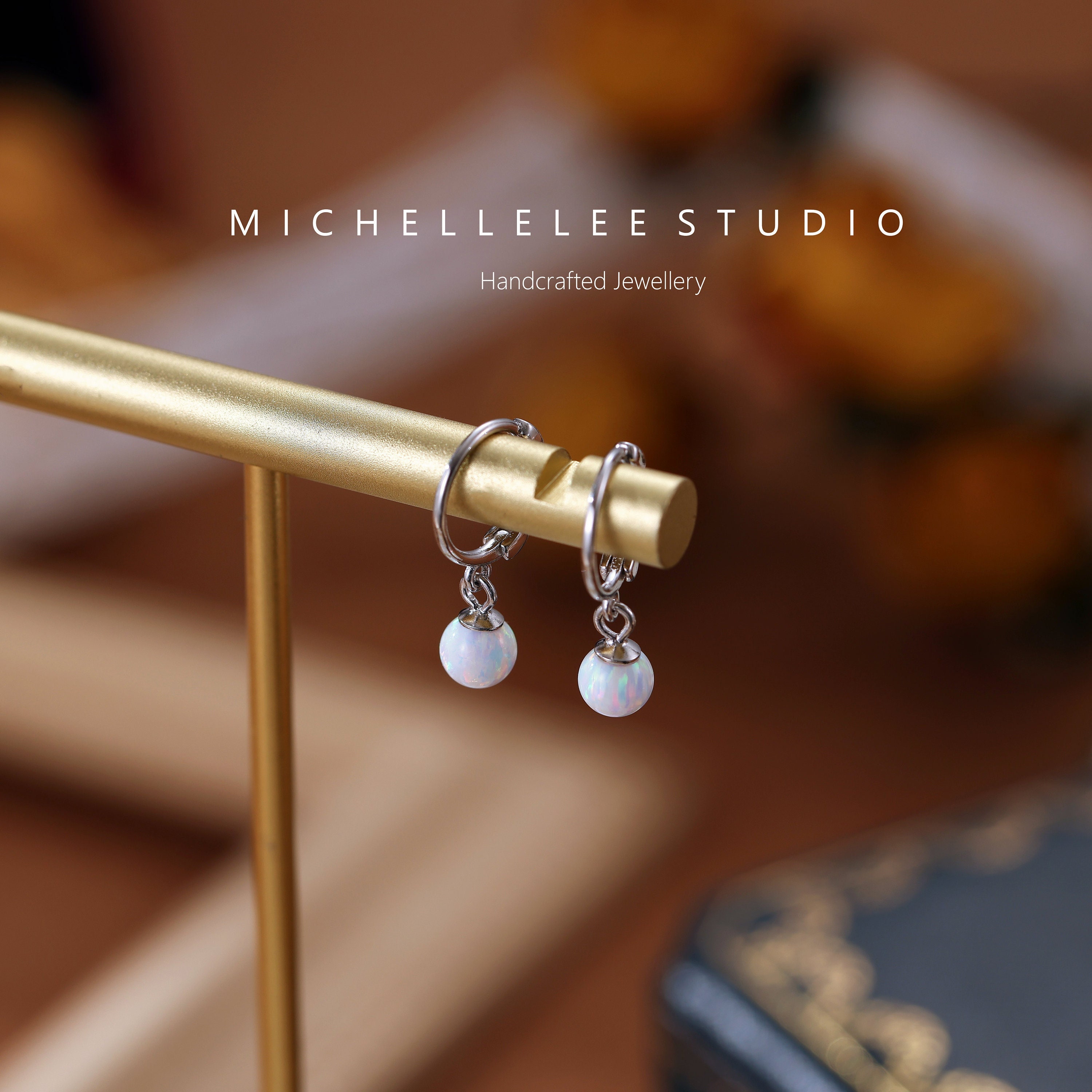 Fire Opal Hoops Earrings in Sterling Silver, White Opal and Blue Opal Ball Huggie Hoops Earrings,Geometric Minimalist