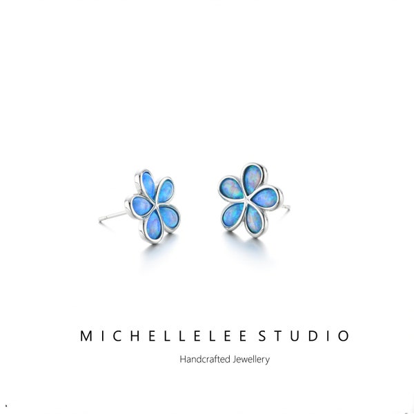 Blue Opal Flower Stud Earrings, Silver Flower Earrings, Blue Fire Opal Flower Earrings and Matching Necklace, Gift for her