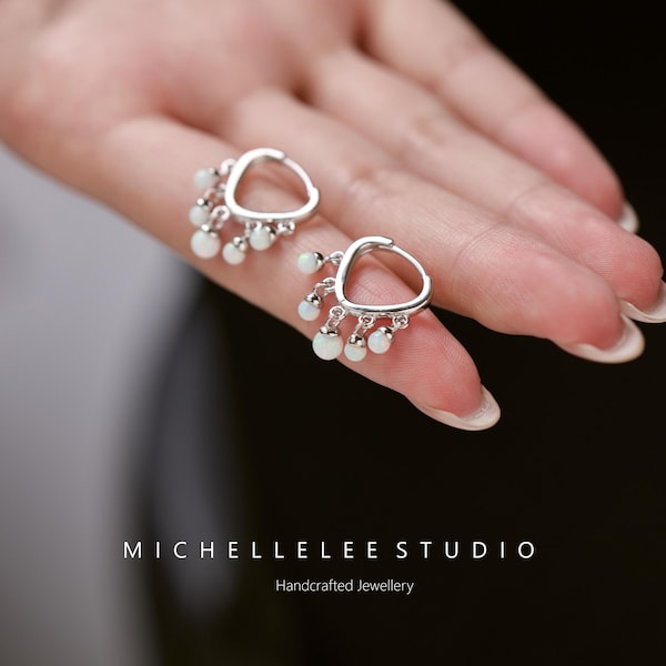 White Opal Hoops Earrings in Sterling Silver, Dangling Opal Balls Huggie Hoops Earrings