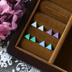 Simple Geometric Opal Stud Earrings, 5mm Multi Color Fire Opal Earrings, Sterling Silver Triangle Stud Earrings